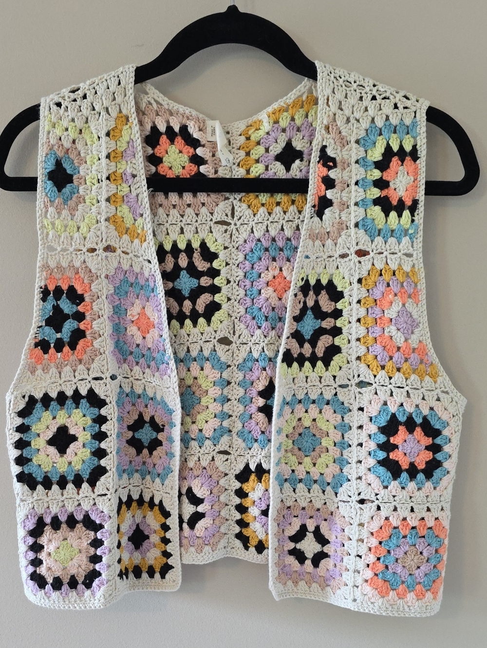 By Together Crochet Granny Square Vest in White with Pastel Multicolor Accents